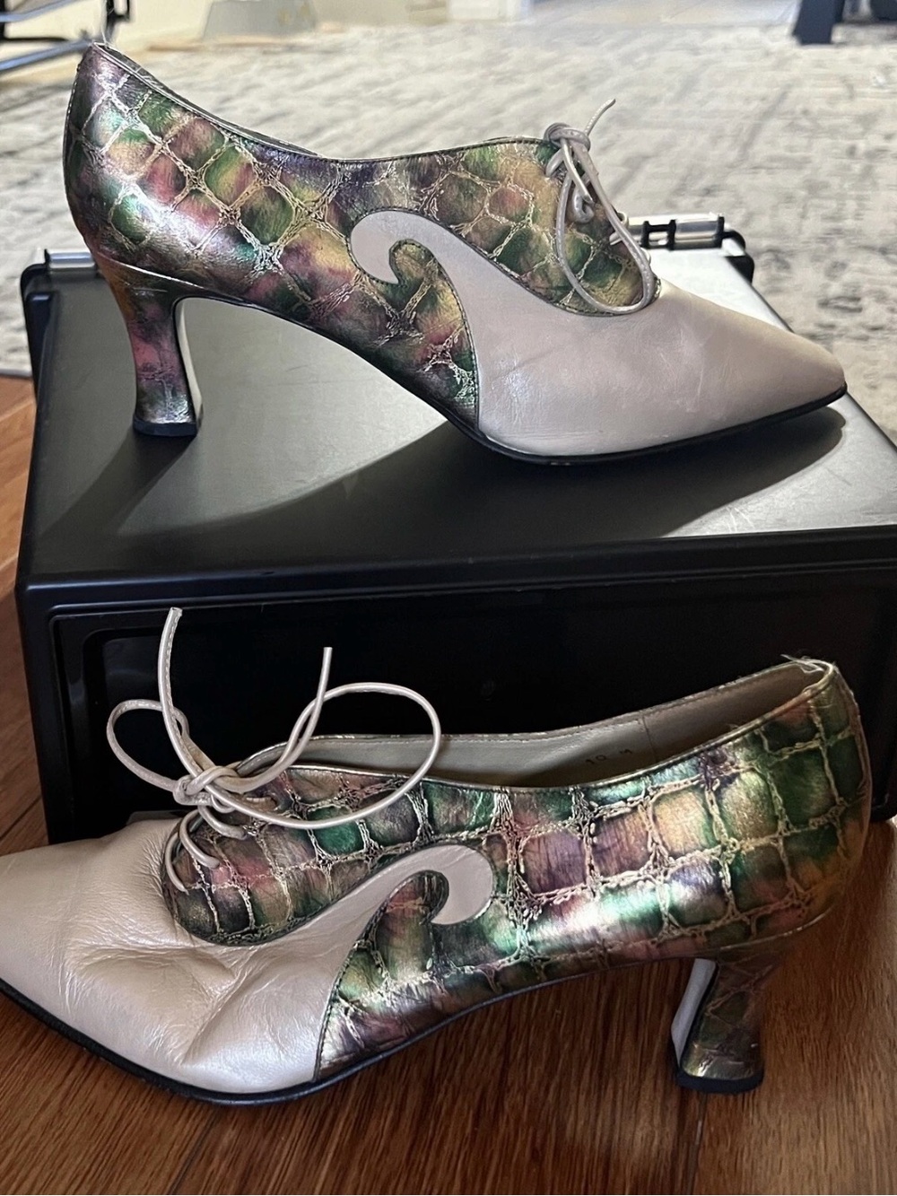 Just You & Me Metallic Green Iridescent Lace-Up Women’s Heels